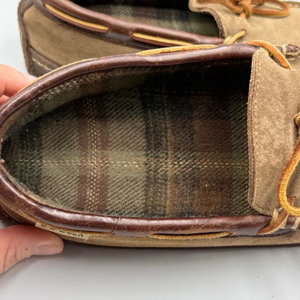 LL Bean Suede Leather Moccasin Handsewn‎ Slippers Flannel Lined Brown Mens 7